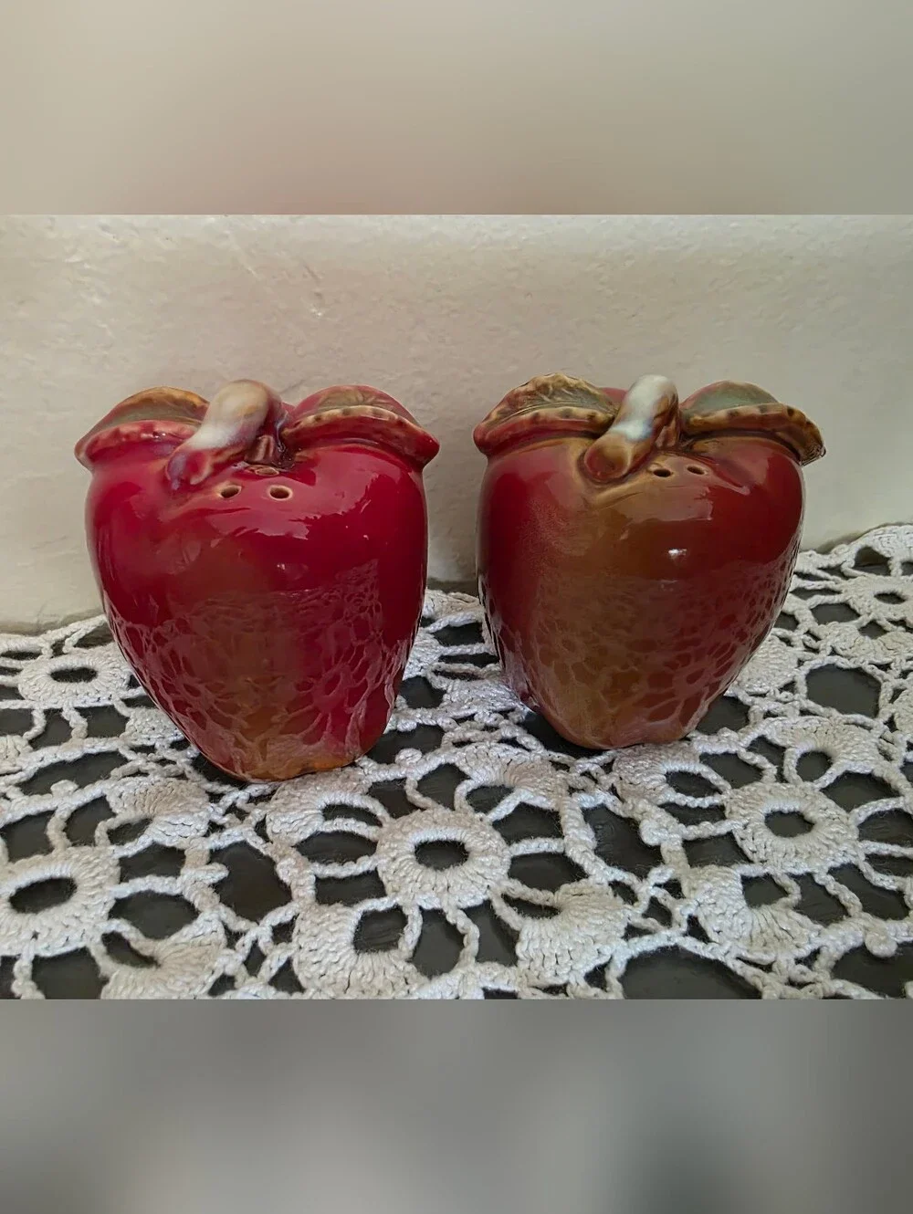 Glazed Ceramic Red Apple Salt and Pepper Shaker Set Cottagecore